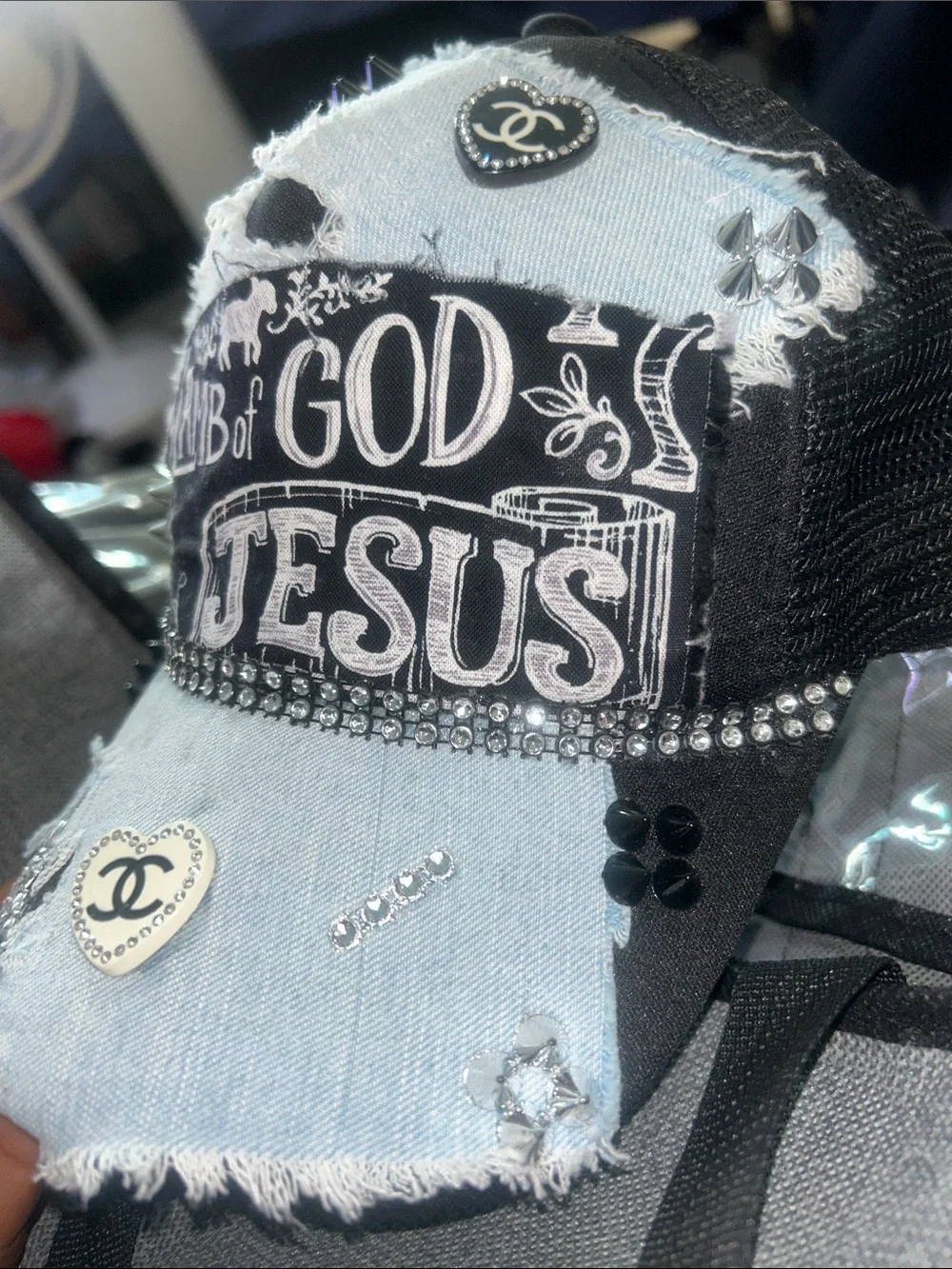 Lamb of God Jesus Denim Patch Baseball Cap - Light Blue & Black